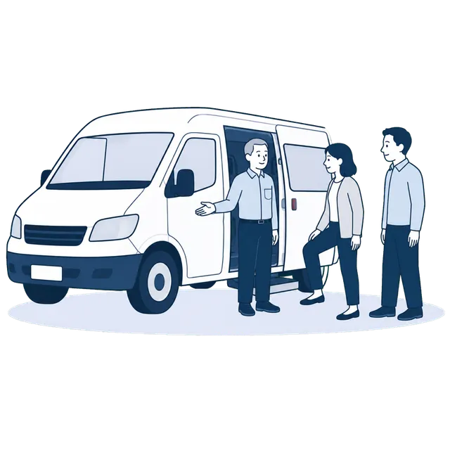 送迎車の前で、乗り込むスタッフを案内するドライバー